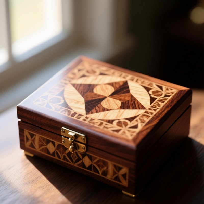 A Macro Shot Of A Wooden Jewelry Box Lid, Intricate Marquetry Patterns Formed By Contrasting Walnut