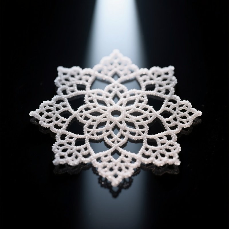 A Macro Shot Of An Intricate Sugar Lace Mandala Placed On A Reflective Black Surface, Backlit By A