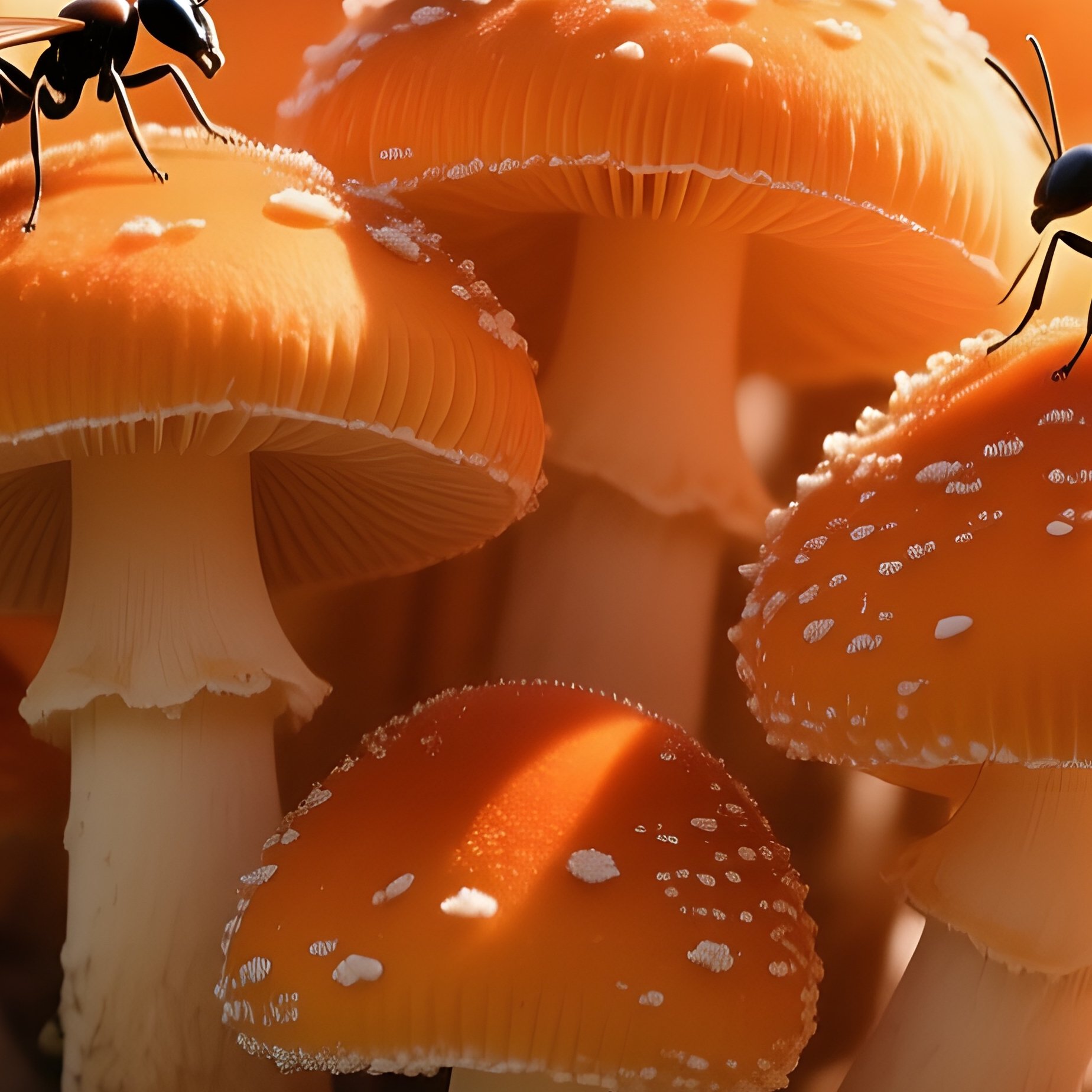A Macro View Of A Cluster Of Bright Orange Puffball Mushrooms On A Mossy Stone, Tiny Insects - Full Resolution Quality Preview