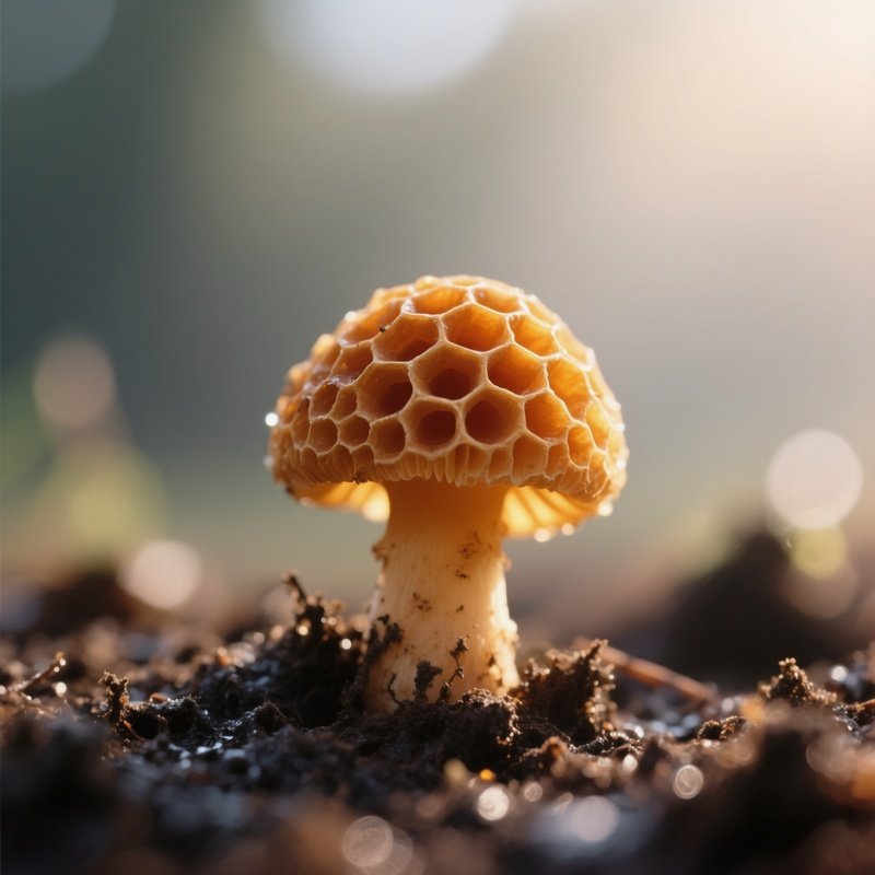 A Macro View Of A Tiny Amber‑Colored Morel Emerging From Damp Soil, Intricate Honeycomb Texture