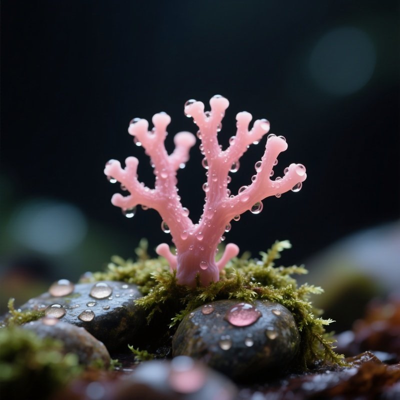 A Macro View Of A Tiny Coral Fungus Branching Delicately Over Mossy Stones, Soft Pink Hues