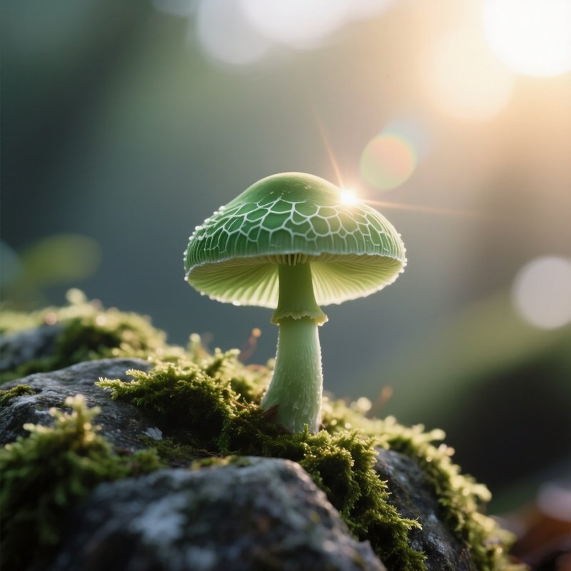 A Macro View Of A Tiny Green Mushroom Sprouting From A Mossy Rock, Intricate Veining On Its Cap,