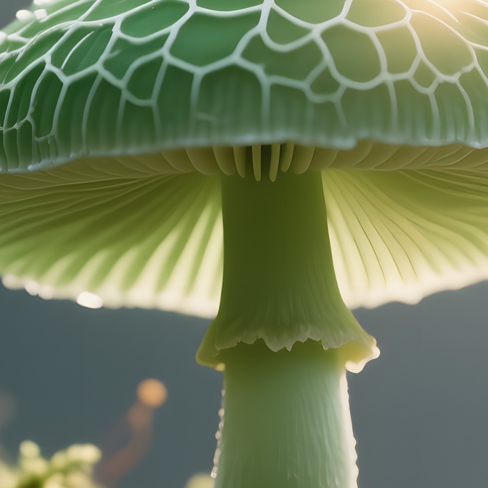 A Macro View Of A Tiny Green Mushroom Sprouting From A Mossy Rock, Intricate Veining On Its Cap, - Full Resolution Quality Preview