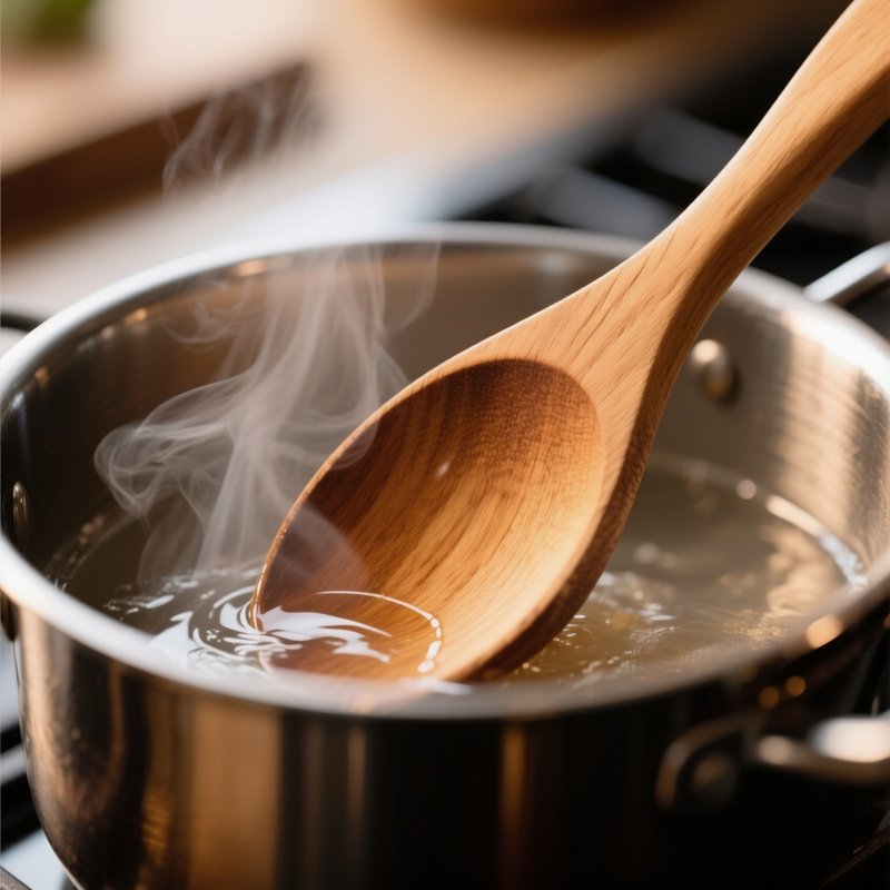 A Macro View Of A Wooden Spoon Stirring A Pot, Its Smooth Oak Surface Reflecting Steam And Warm