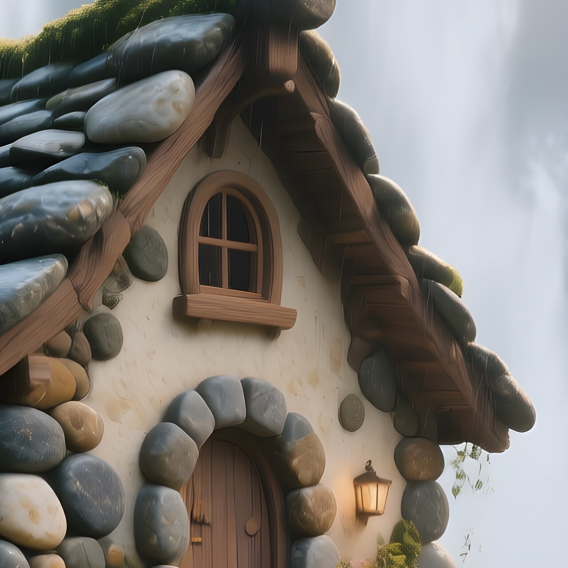 A Magical Stone Cottage Of Smooth River Pebbles Nestled At The Base Of A Waterfall, Rainbows - Full Resolution Quality Preview