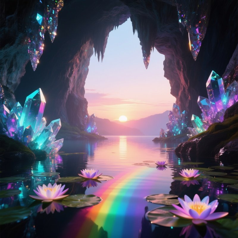 A Magical Sunrise Over A Crystal Cavern Lake, Luminescent Water Lilies Casting Rainbow Hues Onto