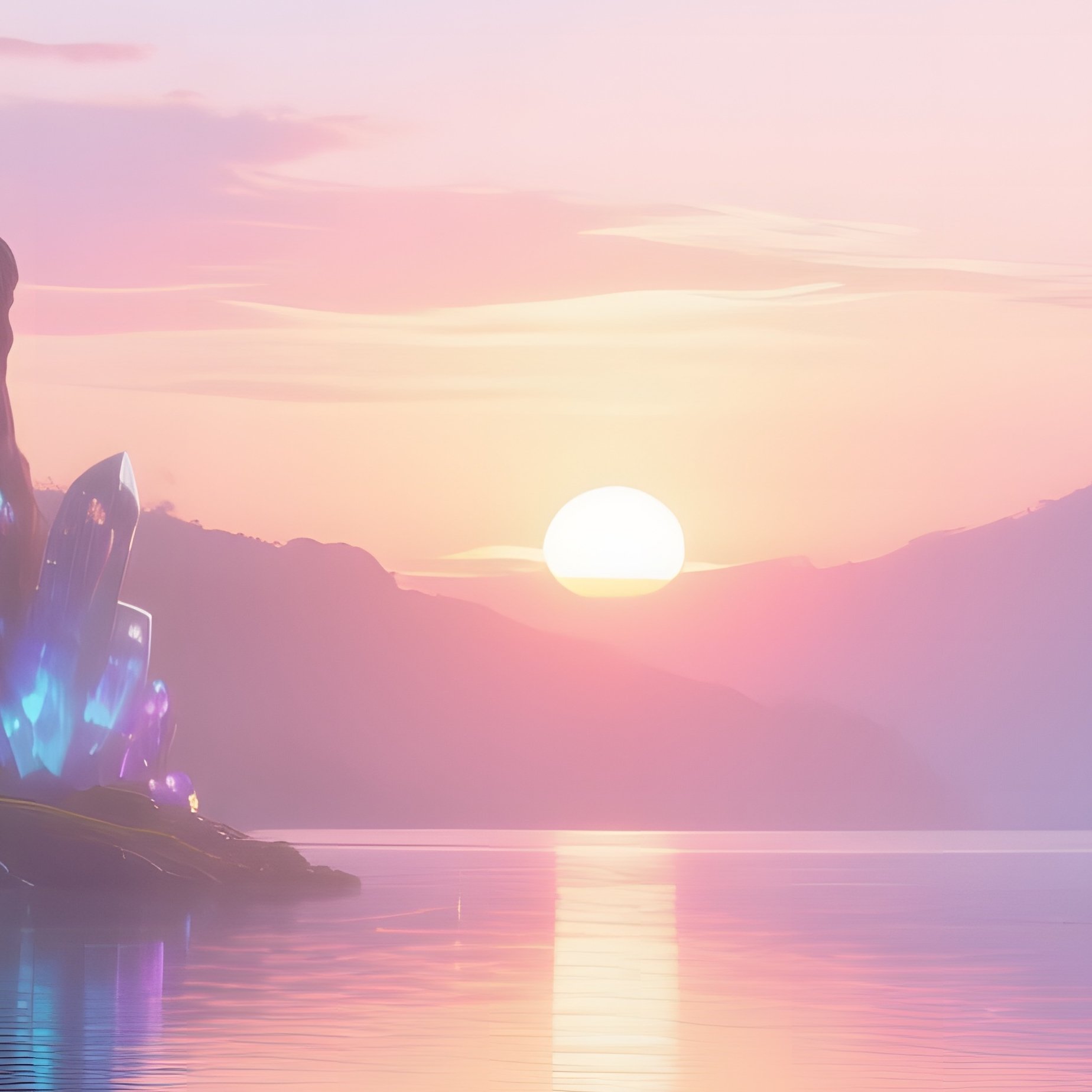 A Magical Sunrise Over A Crystal Cavern Lake, Luminescent Water Lilies Casting Rainbow Hues Onto - Full Resolution Quality Preview