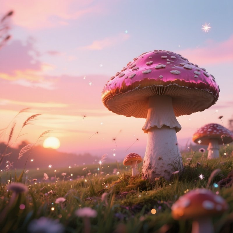 A Magical Sunrise Over A Meadow Of Giant Mushrooms Whose Caps Reflect Pink And Orange Skies, With