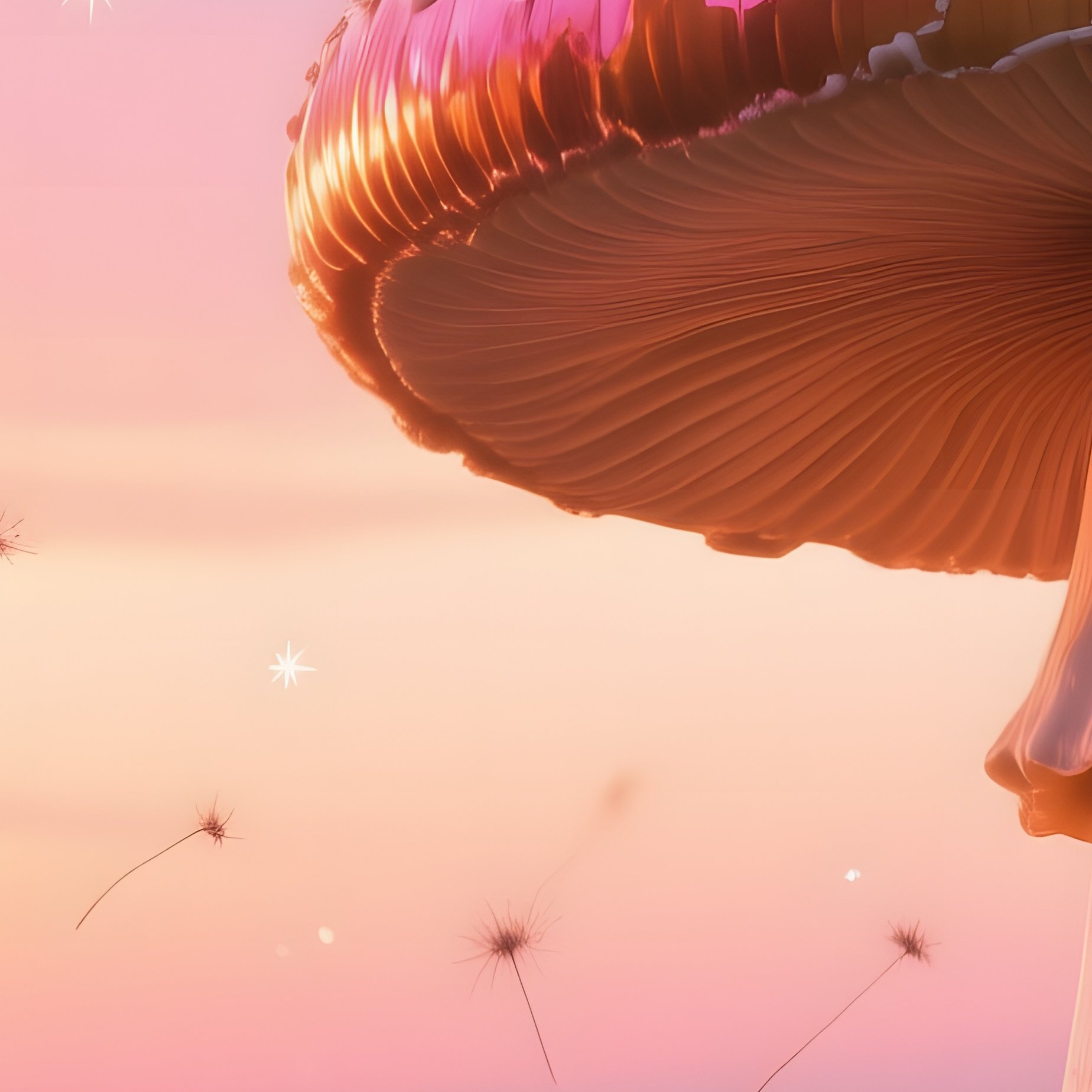 A Magical Sunrise Over A Meadow Of Giant Mushrooms Whose Caps Reflect Pink And Orange Skies, With - Full Resolution Quality Preview