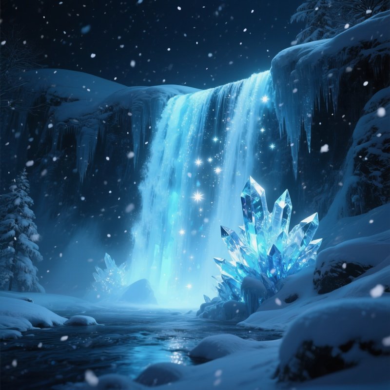 A Magical Winter Night Where A Frozen Waterfall Glows With Internal Ice Crystals Reflecting