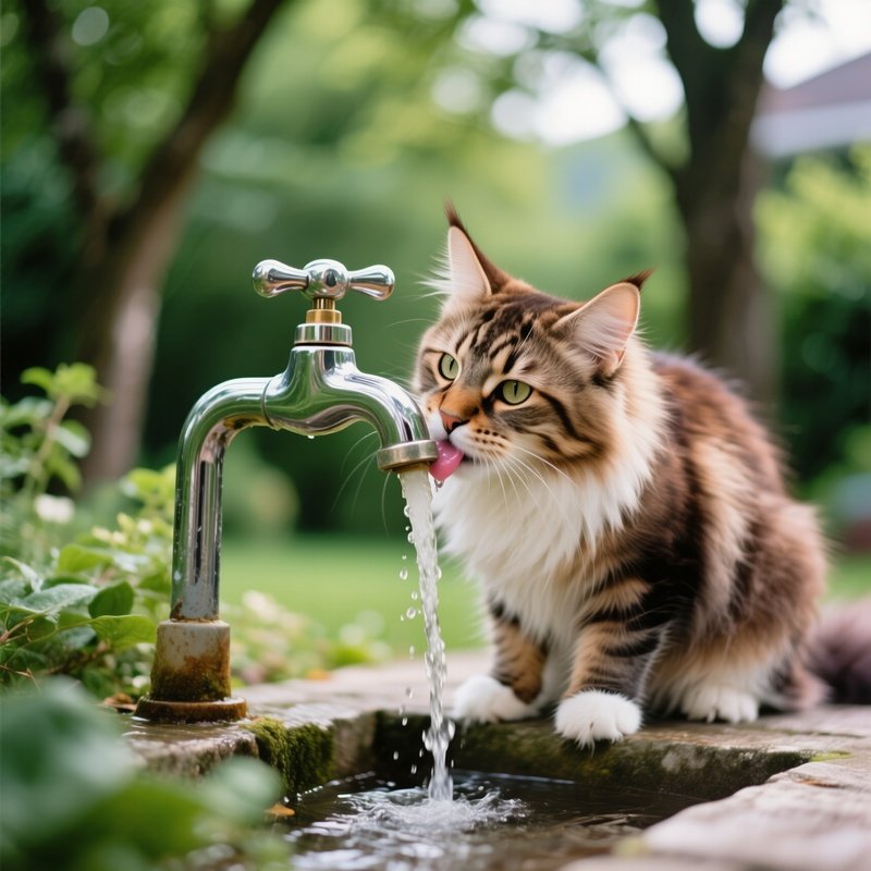 A Maine Coon Cat Drinking From A Running Tap In An Outdoor Setting