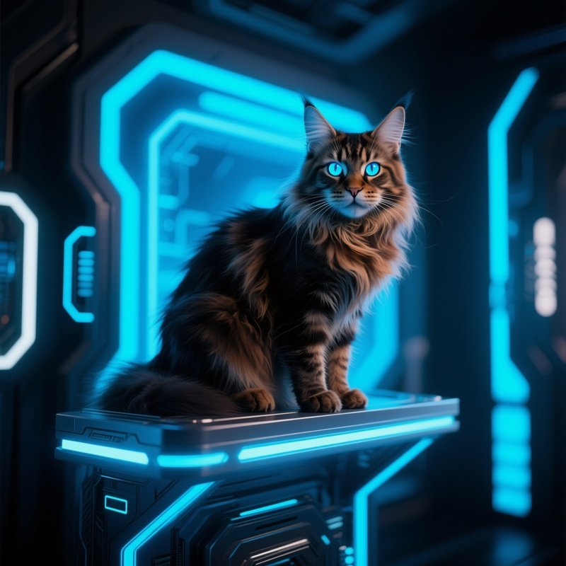 A Maine Coon Cat Perched On High Shelf Science Fiction