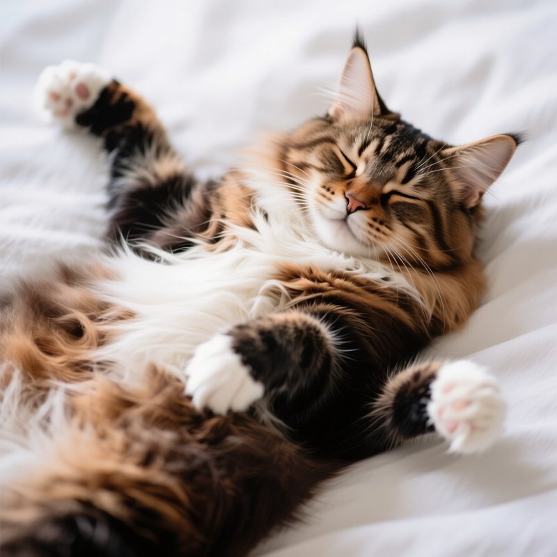 A Maine Coon Cat Sleeping On Back Exposing Belly
