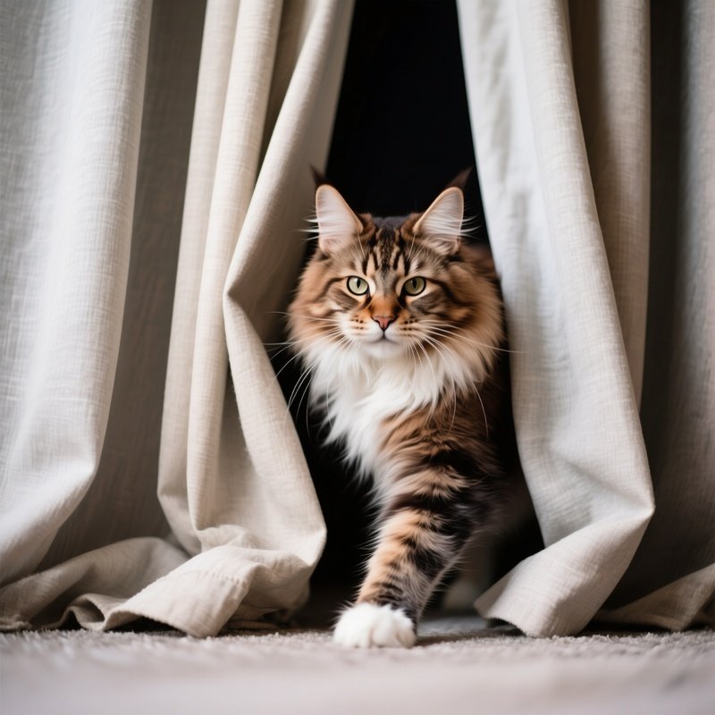 A Maine Coon Cat Sneaking Between Curtains