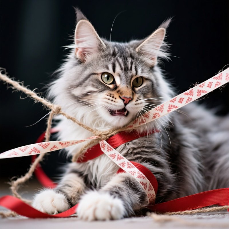 A Maine Coon Cat Trapped In String Or Ribbon