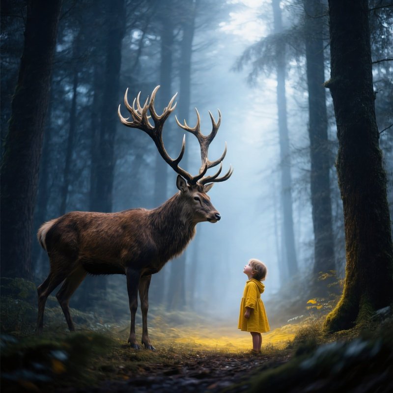 A Majestic Deer Facing A Small Child In A Forest Deer Child