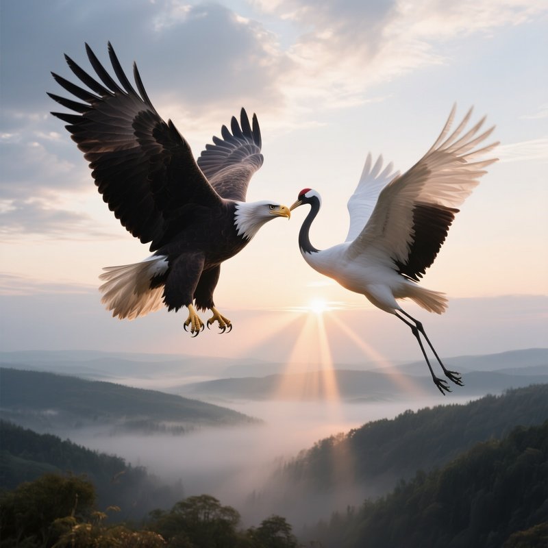 A Majestic Eagle And A Graceful Crane Lock Beaks In A Soaring Kiss Above A Misty Valley At Sunrise,