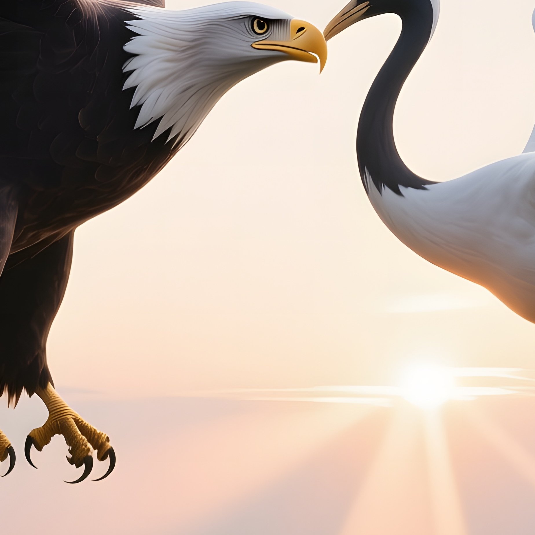 A Majestic Eagle And A Graceful Crane Lock Beaks In A Soaring Kiss Above A Misty Valley At Sunrise, - Full Resolution Quality Preview