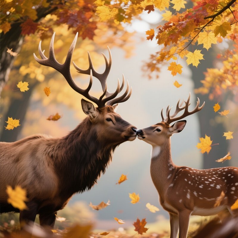 A Majestic Elk And A Graceful Doe Exchange A Tender Kiss Beneath A Canopy Of Autumnal Maples,