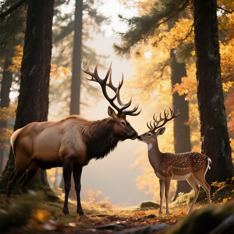 A Majestic Elk And A Graceful Doe Press Foreheads For A Tender Kiss Beneath Towering Pine Trees