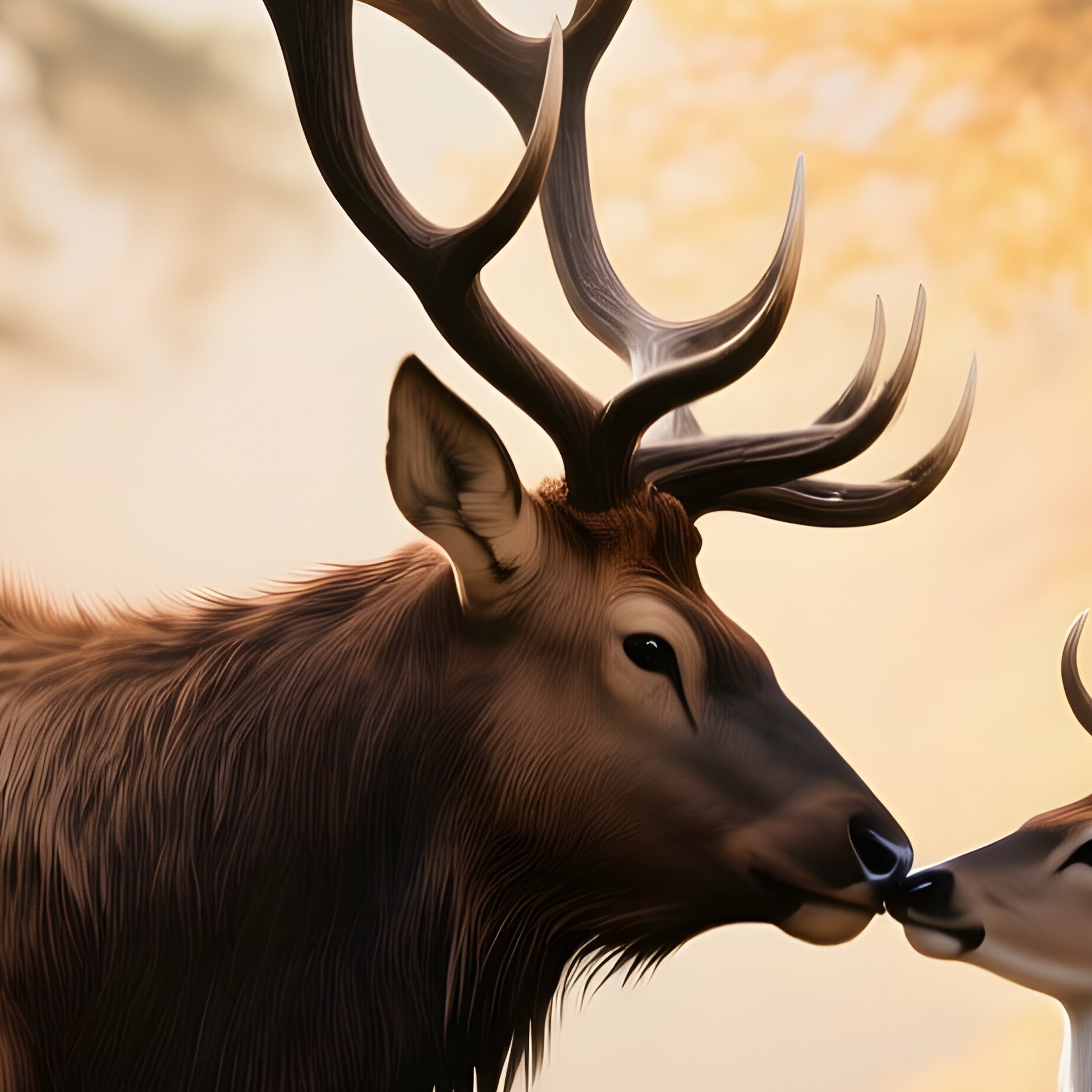 A Majestic Elk And A Graceful Doe Press Foreheads For A Tender Kiss Beneath Towering Pine Trees - Full Resolution Quality Preview