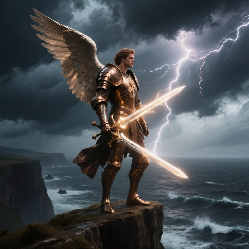 A Majestic Male Angel With Bronze Armor Standing On A Cliff Edge Overlooking A Stormy Sea,