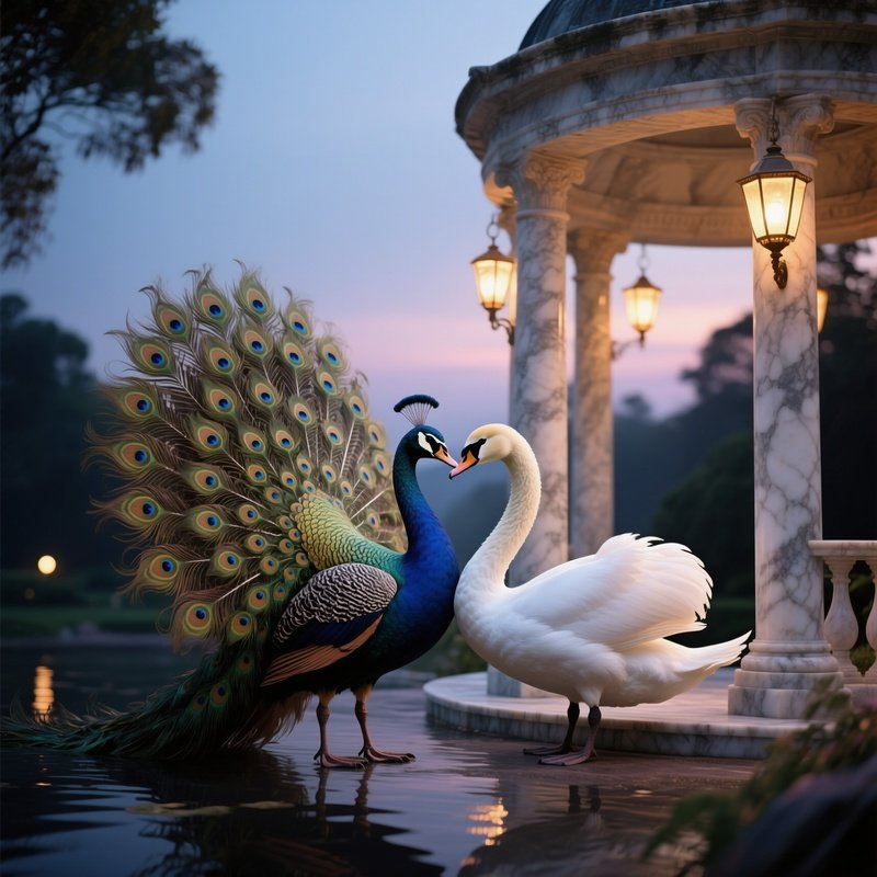 A Majestic Peacock Spreads Its Feathers While A White Swan Leans In For A Graceful Kiss Beside A