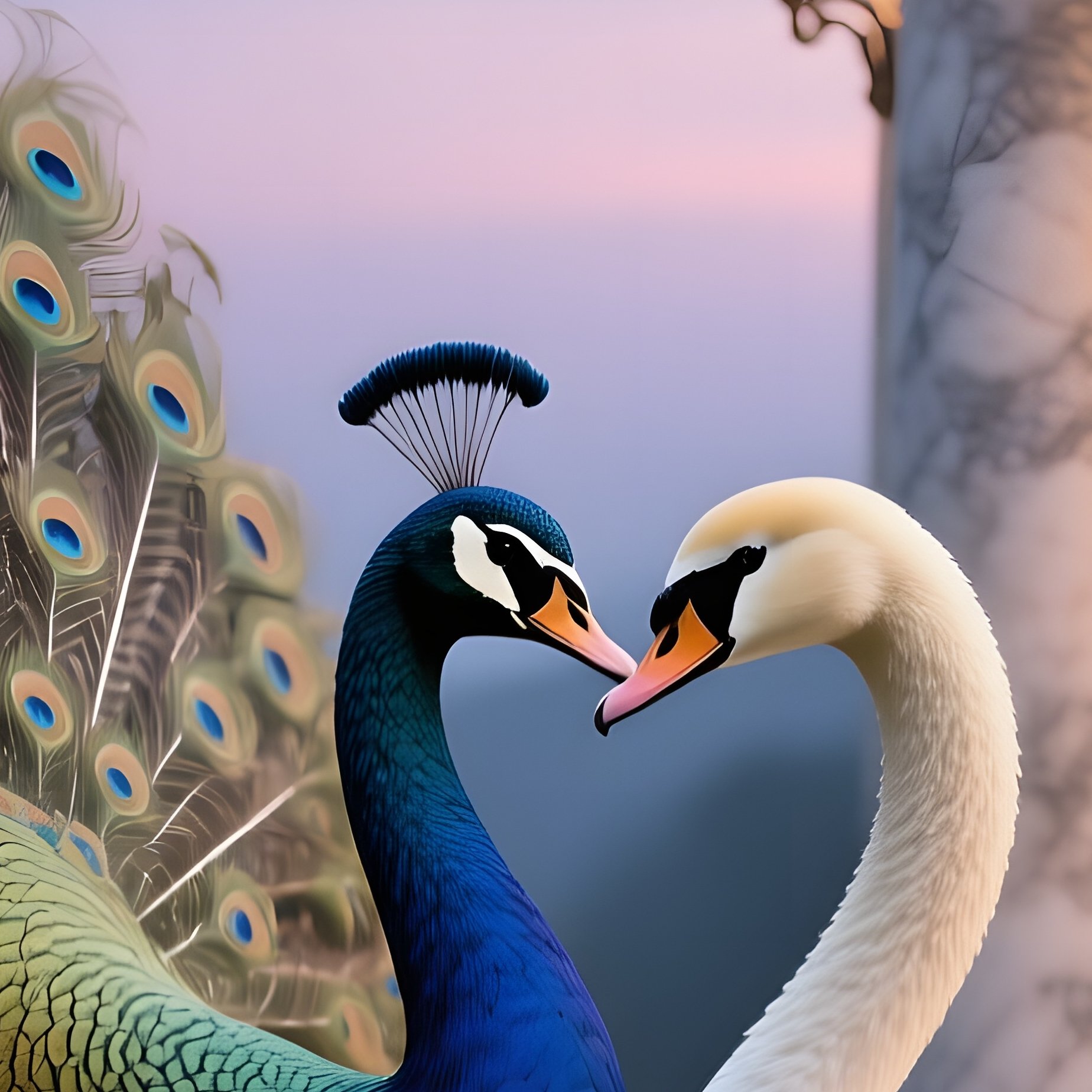A Majestic Peacock Spreads Its Feathers While A White Swan Leans In For A Graceful Kiss Beside A - Full Resolution Quality Preview