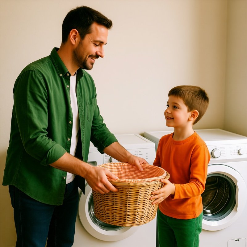 A Man And A Child Interacting In A Laundry Room Family Laundry