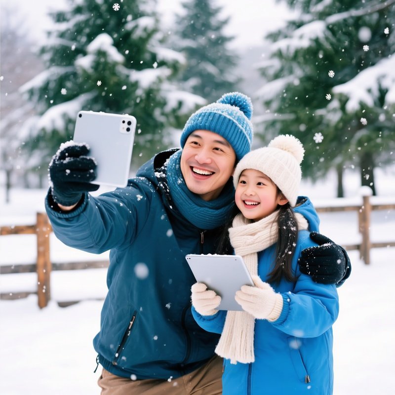 A Man And A Young Girl Taking A Selfie In A Snowy Outdoor Setting