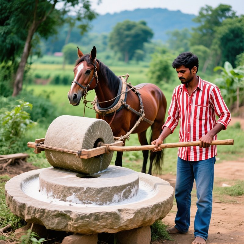 A Man Operating A Traditional Stone Mill Rural Life Traditional
