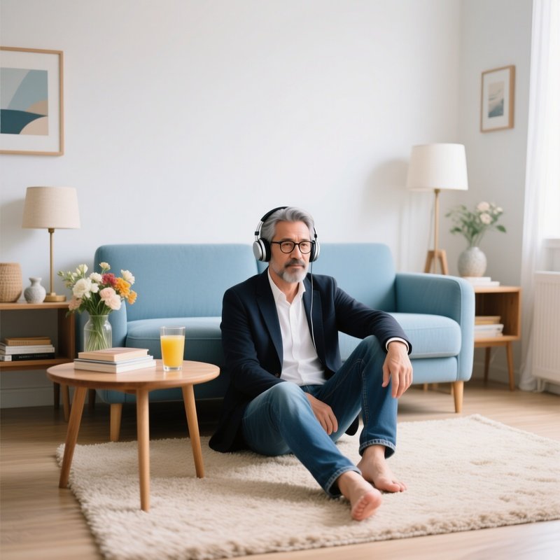 A Man Sitting On The Floor Listening To Music Man Listening Music