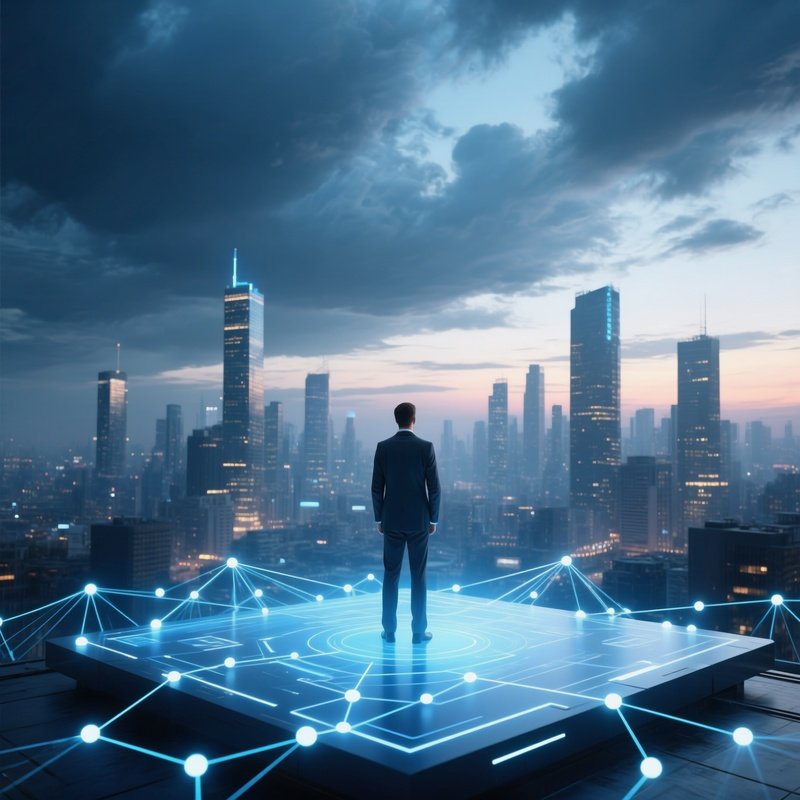 A Man Standing On A Digital Platform Overlooking A Cityscape