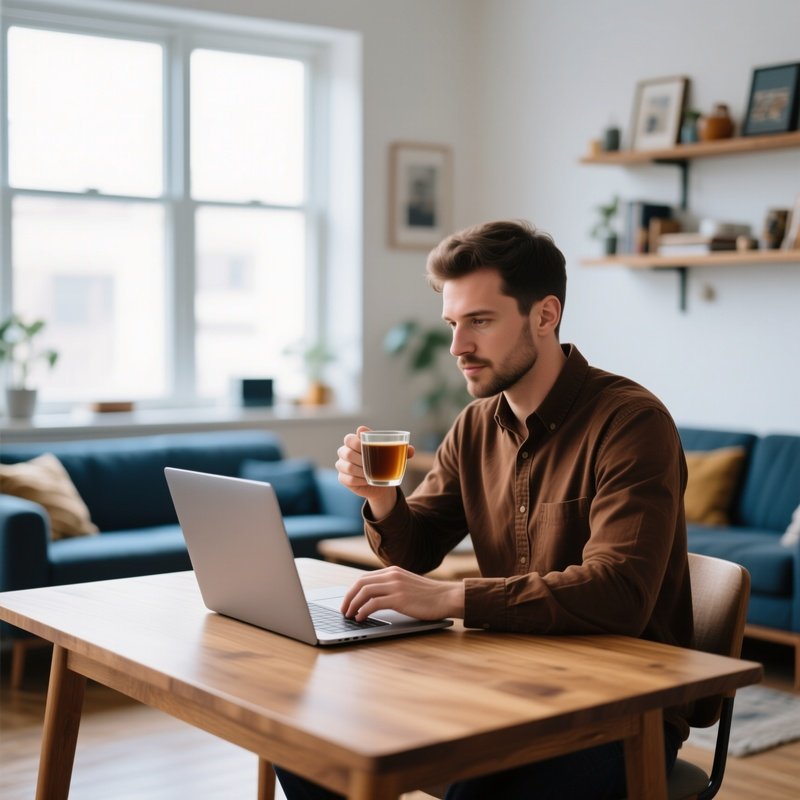 A Man Working At A Desk While Drinking From A Mug Home Office