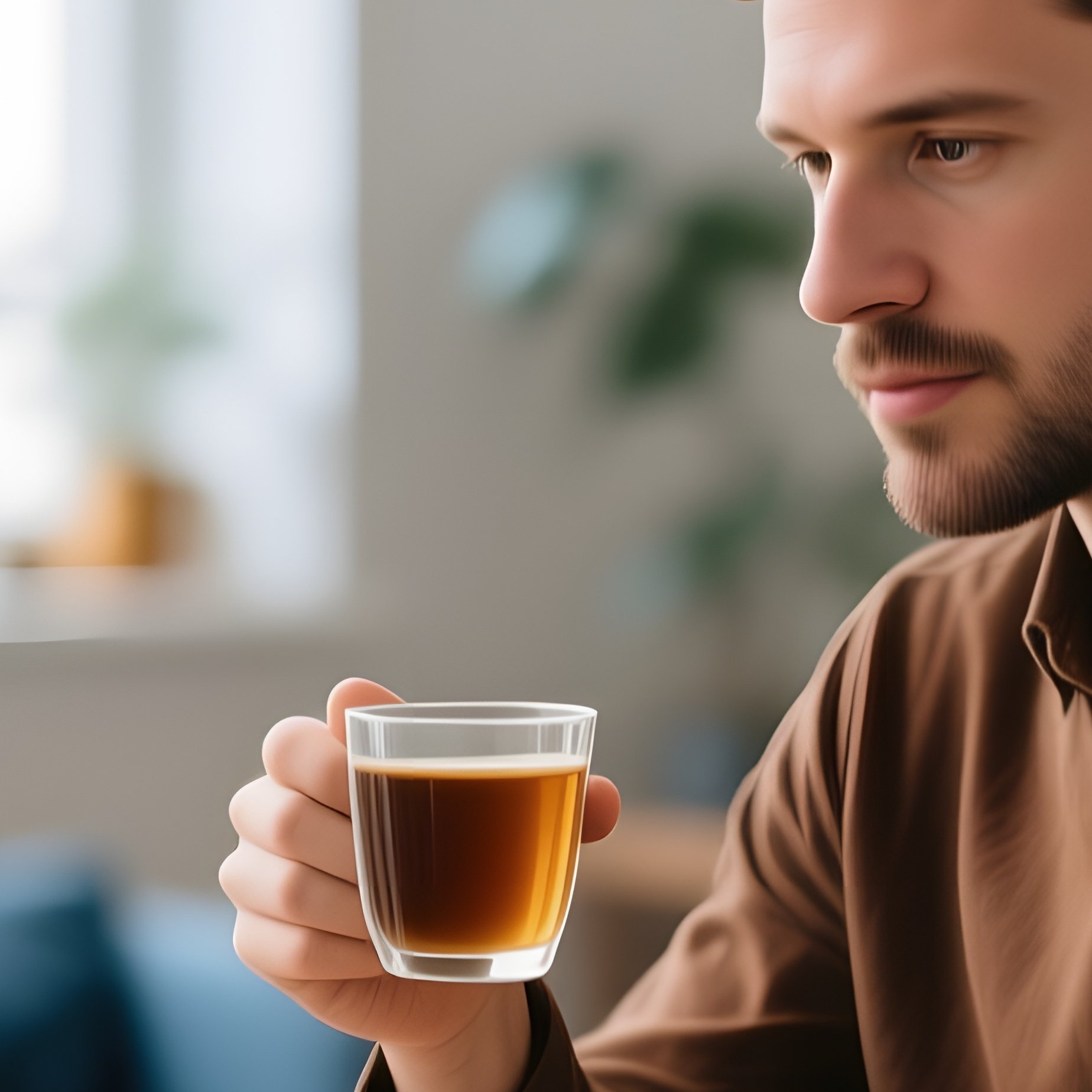 A Man Working At A Desk While Drinking From A Mug Home Office - Full Resolution Quality Preview
