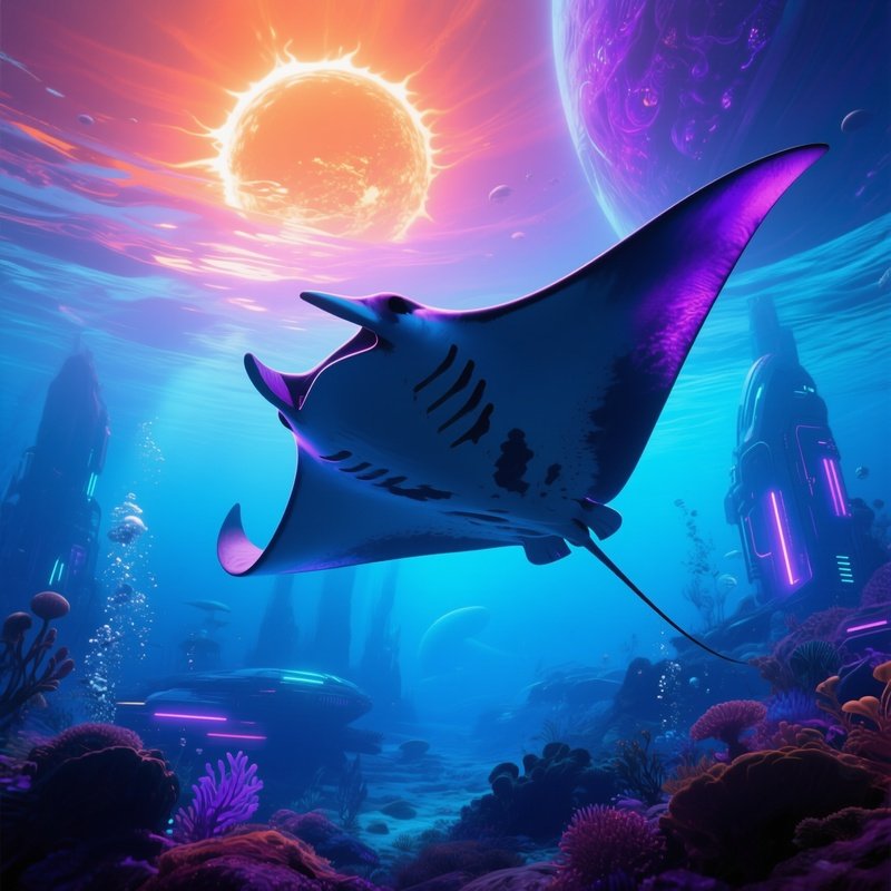 A Manta Ray Silhouetted Underwater Towards The Rising Sun Science Fiction