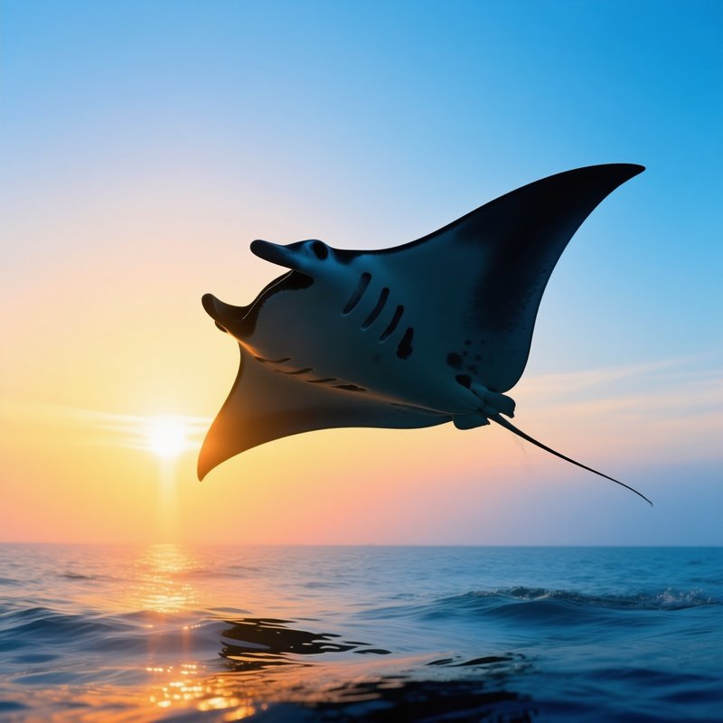 A Manta Ray Silhouetted Underwater Towards The Rising Sun