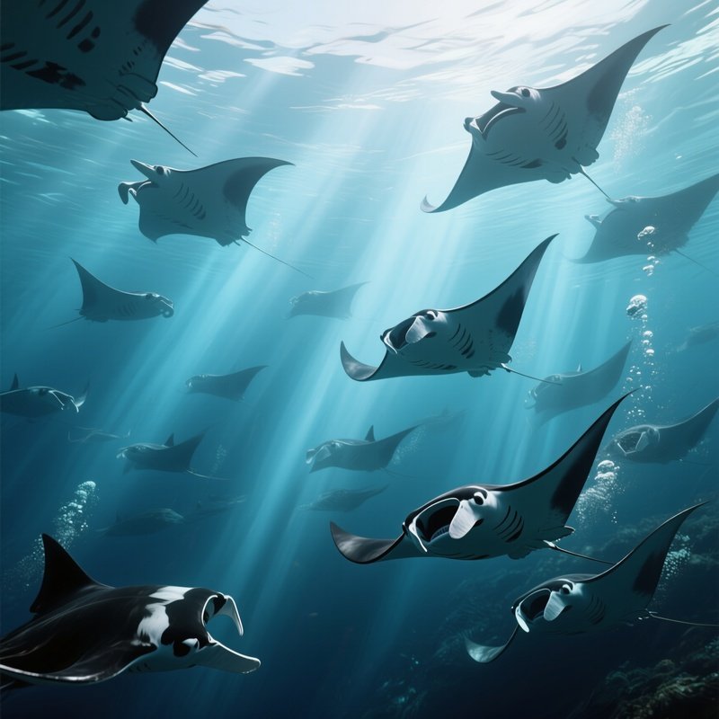 A Manta Swarm Gliding Through Beams Of Underwater Sunlight.