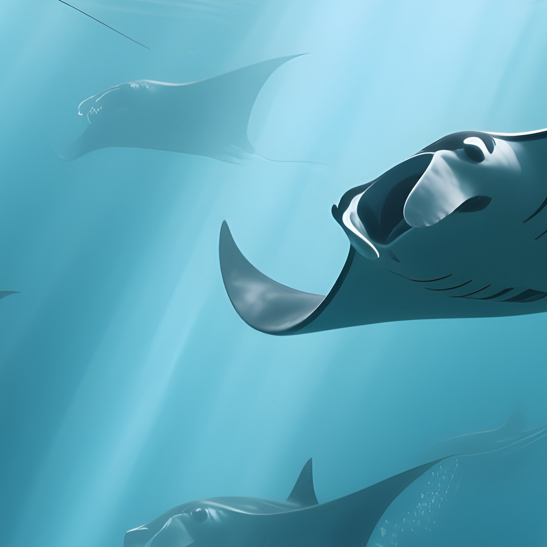 A Manta Swarm Gliding Through Beams Of Underwater Sunlight. - Full Resolution Quality Preview