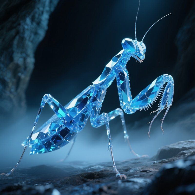 A Mantis Creature Sculpted From Blue Crystal Shards