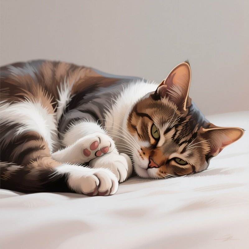A Manx Cat Laying On Side With Paws Curved Artwork