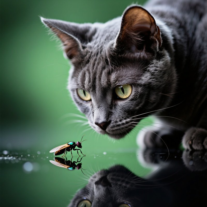 A Manx Cat Staring Intensely At A Bug Or Light Reflection
