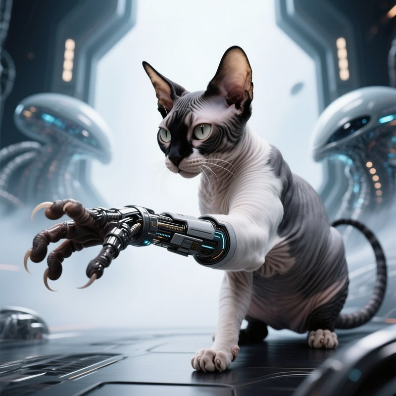 A Manx Cat With Stretched Paw In Science Fiction