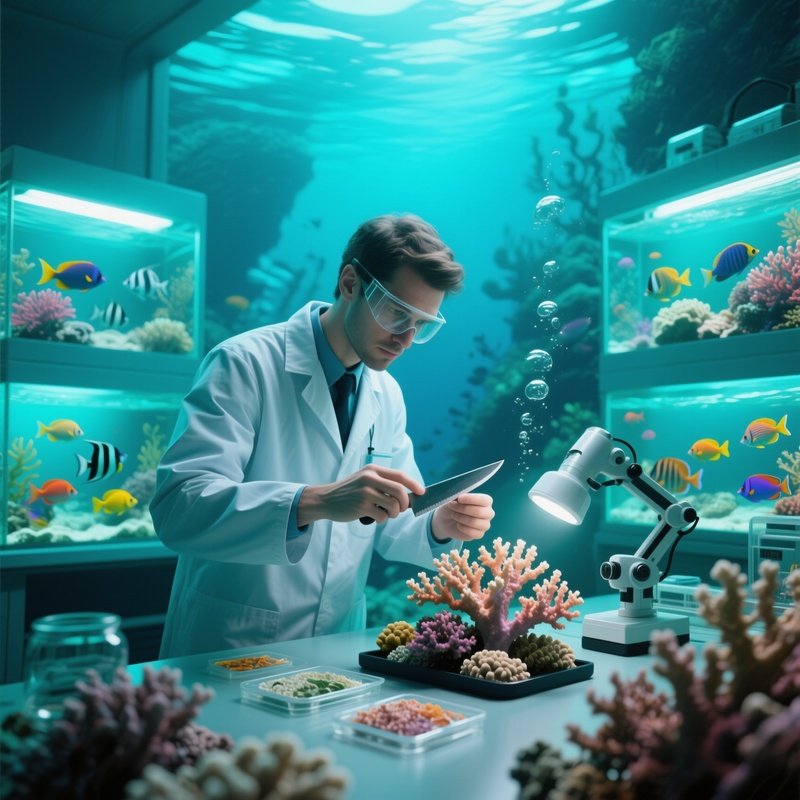 A Marine Biologist With A Practical Cut Examines Coral Samples In An Underwater Lab, Soft Aqua