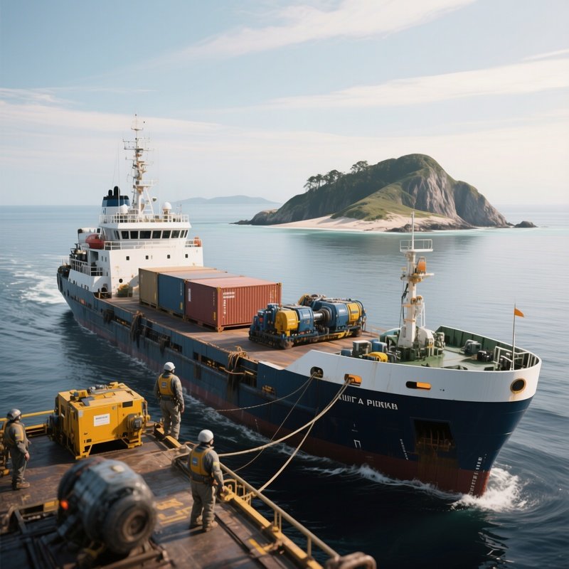 A Maritime Supply Craft Delivering Equipment To A Remote Island