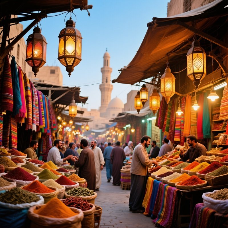 A Marketplace In Cairo Filled With Spices Fabrics And Traditional Lamps
