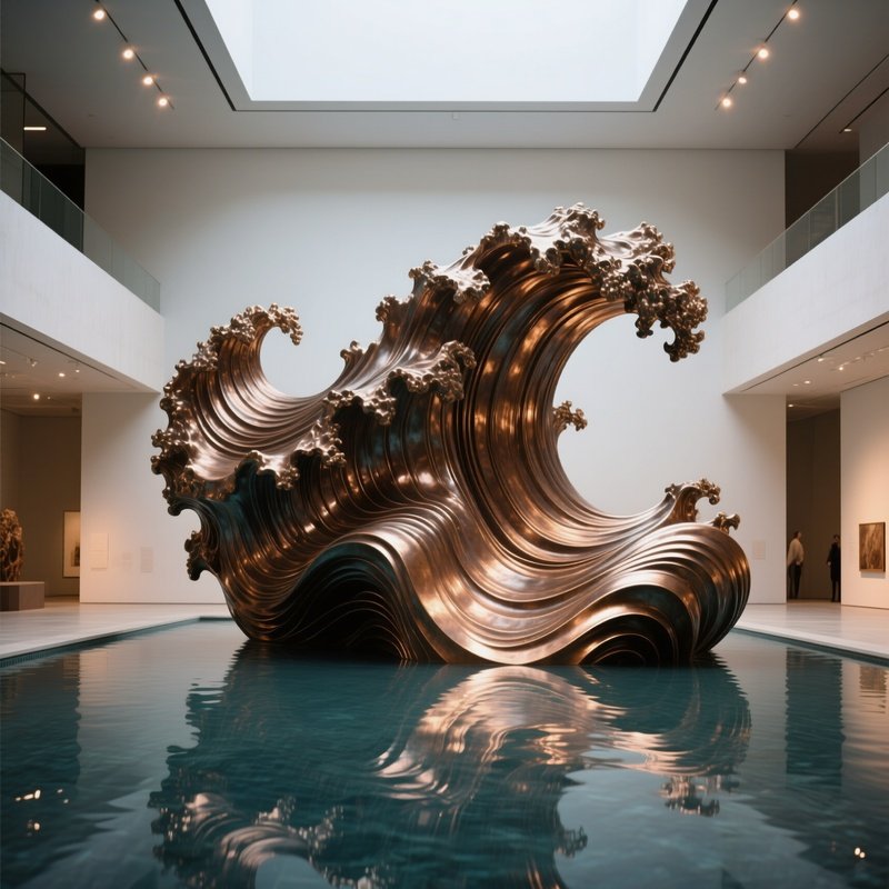 A Massive Abstract Bronze Wave Installation Rising From A Reflective Pool In A Modern Museum