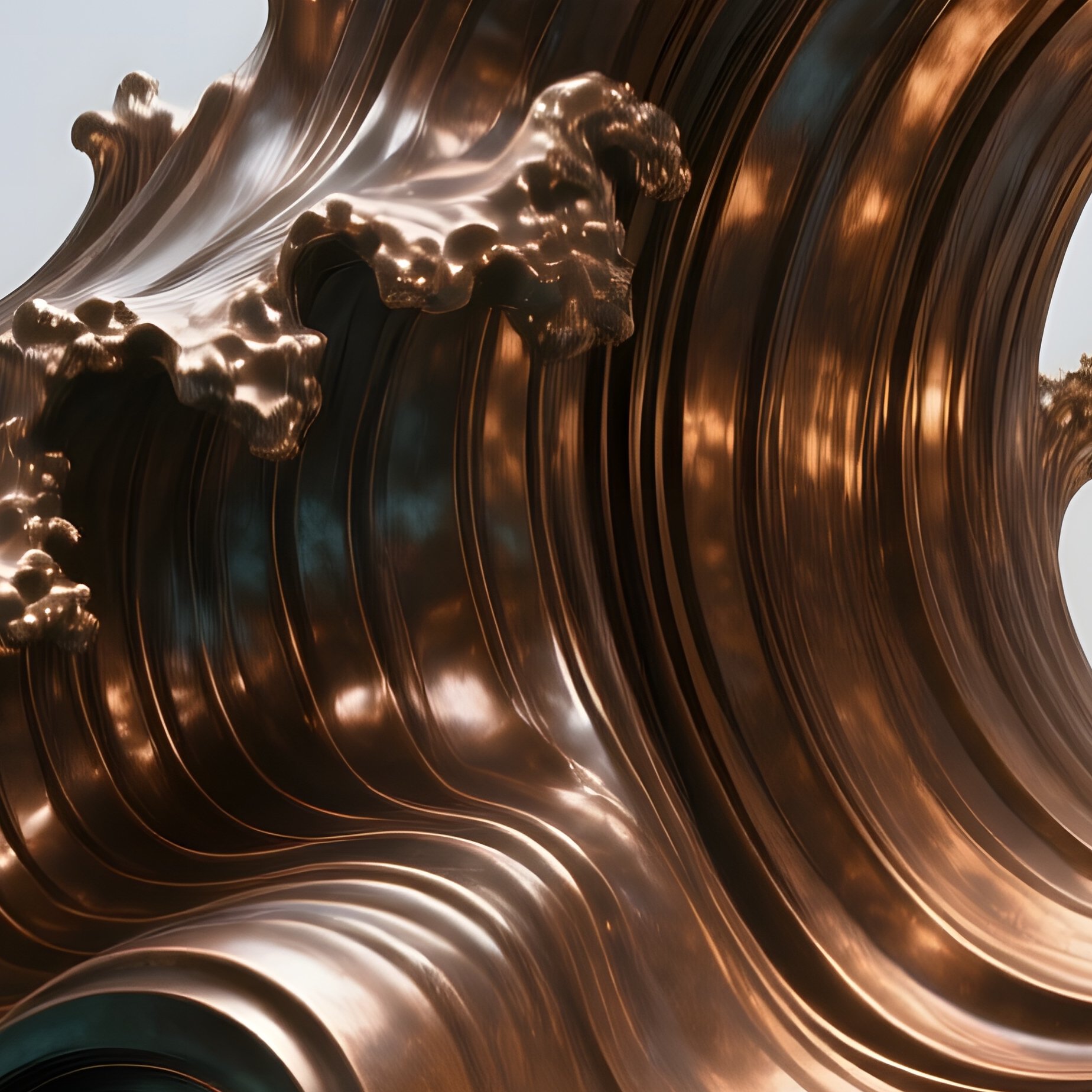 A Massive Abstract Bronze Wave Installation Rising From A Reflective Pool In A Modern Museum - Full Resolution Quality Preview