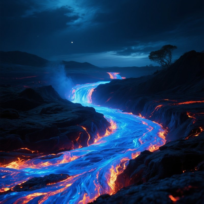 A Massive Bluefire Lava Stream Glowing Under Night Sky.