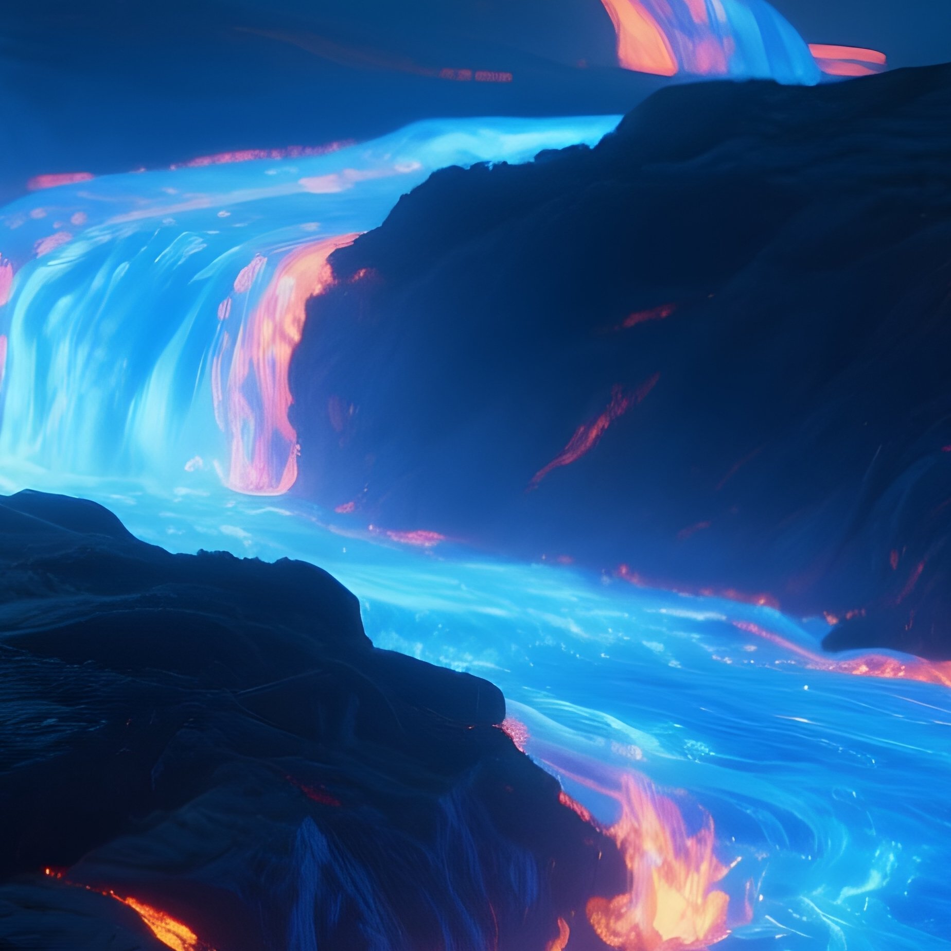A Massive Bluefire Lava Stream Glowing Under Night Sky. - Full Resolution Quality Preview